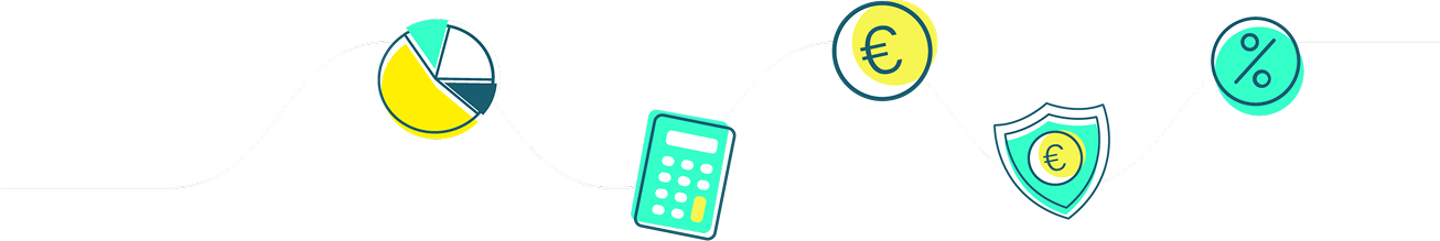 Icons mit der Darstellung der App Funktionalitäten wie Sparen, Taschenrechner und Geld